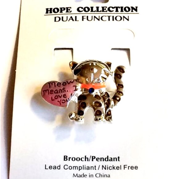 Kitty Cat Pin Brooch Pendant MEOW MEANS LOVE Cat MOM Heart Silver Plated - Picture 5 of 12